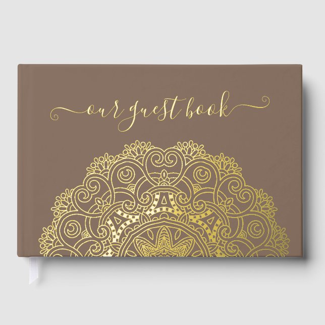Chic Couple Initials Floral Mandala Gold Foil Guest Book (Front)