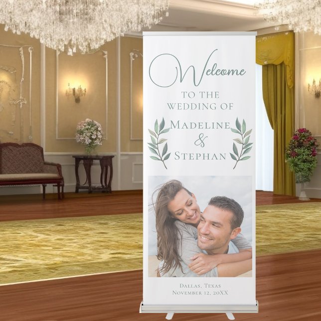 Chic Couple Photo Botanical Leaf Wedding Retractable Banner (Creator Uploaded)