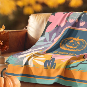 Chic Cozy Abstract Fall Floral Pumpkin Family Fleece Blanket