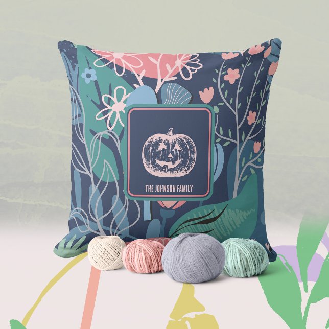 Chic & Cozy Floral Pumpkin Throw Pillow (Cozy Blue Pink Fall Pumpkin Floral Throw Pillow ©Susanne Sachers - Sunny Mind Design 🌞)