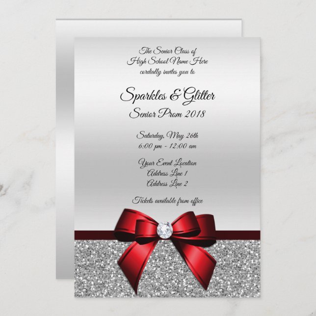 Chic Cranberry Bow & Silver Glitter Prom Invitation (Front/Back)