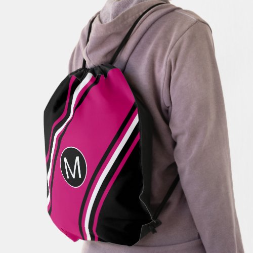 Chic cranberry pink black and white monogram drawstring bag