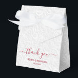Chic Cranberry Red Calligraphy Thank You Favor Boxes<br><div class="desc">Elegant white on white filigree print pattern with your names and thank you in chic cranberry red (or any color) lettering on the front,  these ribbon closure tent style party favor boxes are beautiful for wedding favors,  bridal shower favors or any special occasion.</div>