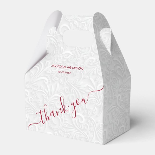 Chic Cranberry Red Calligraphy Wedding Thank You Favor Boxes (Front Side)