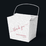 Chic Cranberry Thank You White Filigree Wedding Favor Boxes<br><div class="desc">Elegant white on white filigree print pattern with your names and thank you in cranberry red (or any color) lettering on the front,  these takeout style party favor boxes are beautiful for wedding favors,  bridal shower favors or any special occasion.</div>