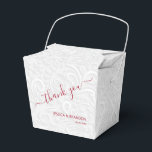 Chic Cranberry Thank You White Filigree Wedding Favor Boxes<br><div class="desc">Elegant white on white filigree print pattern with your names and thank you in cranberry red (or any color) lettering on the front,  these takeout style party favor boxes are beautiful for wedding favors,  bridal shower favors or any special occasion.</div>