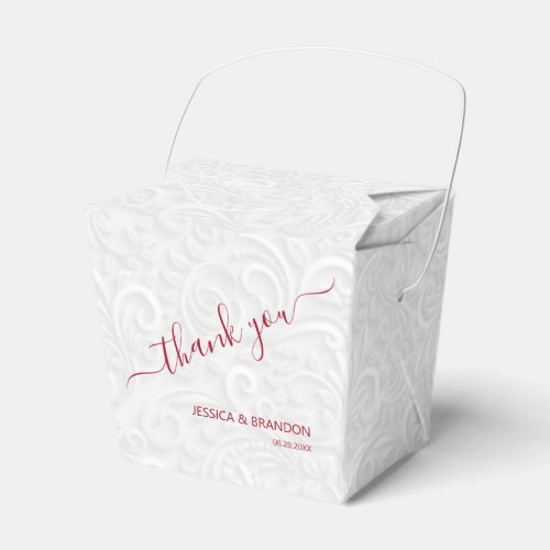 Chic Cranberry Thank You White Filigree Wedding Favor Boxes