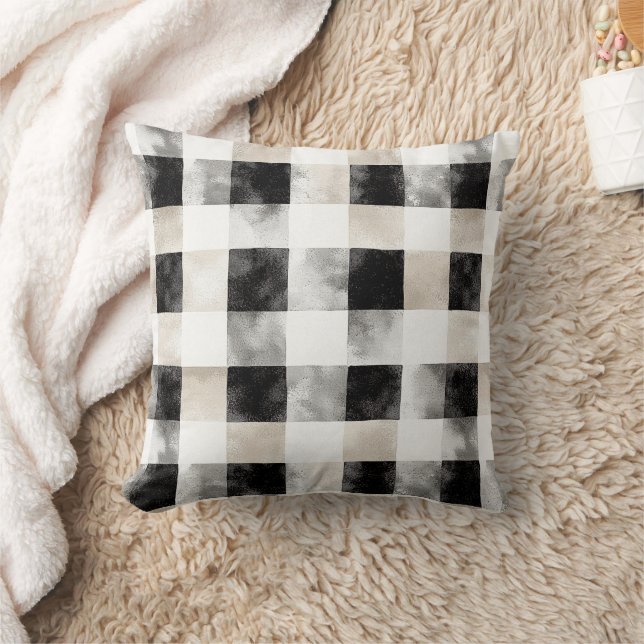 Chic Cream Black Plaid Christmas Throw Pillow (Blanket)