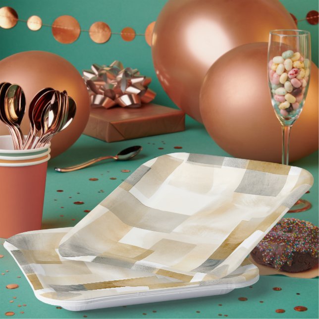 Chic Cream Brown Abstract Paper Plates (Multi)