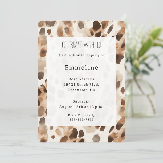 Chic Cream Brown Leopard Animal Print Birthday Invitation (Standing Front)