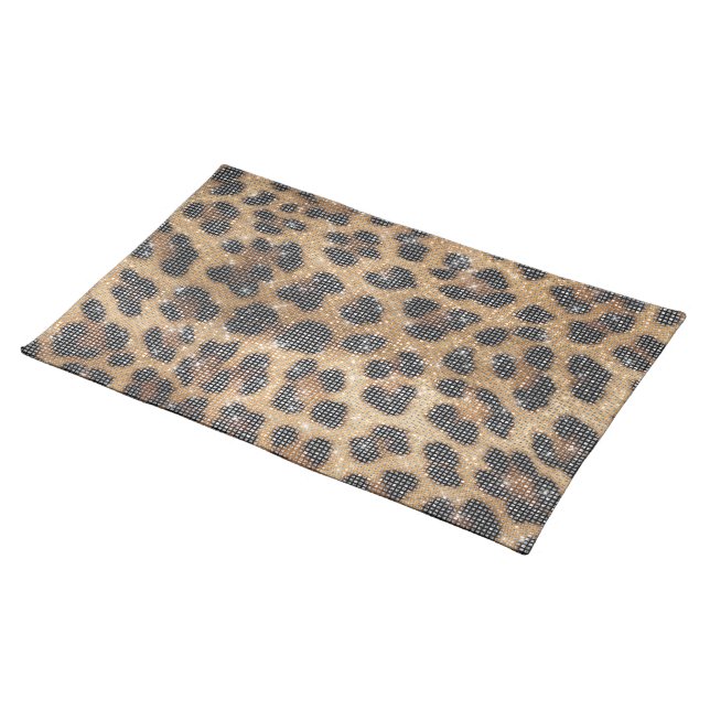 Chic Cream Brown Leopard Animal Print Sparkle Cloth Placemat (On Table)