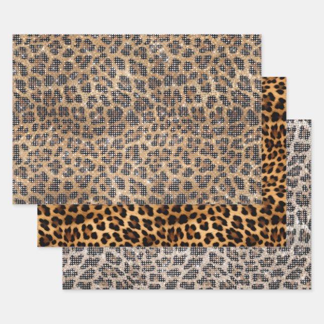 Chic Cream Brown Leopard Animal Sparkle Christmas Wrapping Paper Sheets (Set)