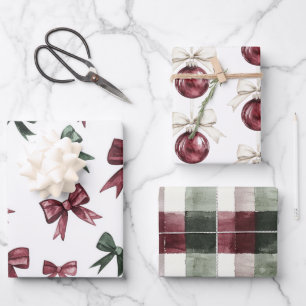 Chic Cream Brown Stripes Christmas Red Ornaments Wrapping Paper Sheets