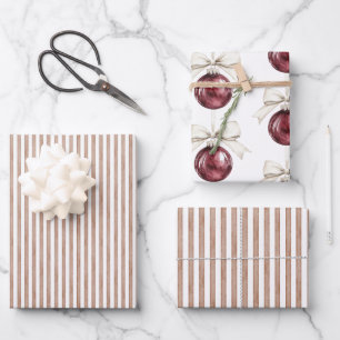 Chic Cream Brown Stripes Christmas Red Ornaments Wrapping Paper Sheets