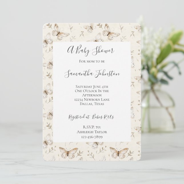 Chic Cream Butterflies Baby Shower Invitation (Standing Front)