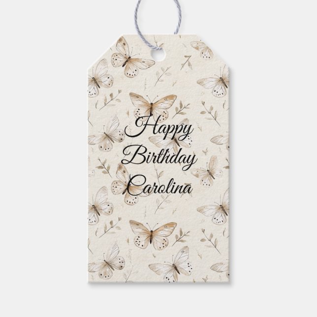Chic Cream Butterflies Birthday Gift Tags (Front)
