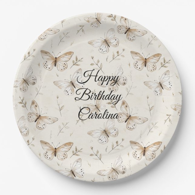Chic Cream Butterflies Birthday Paper Plates (Front)