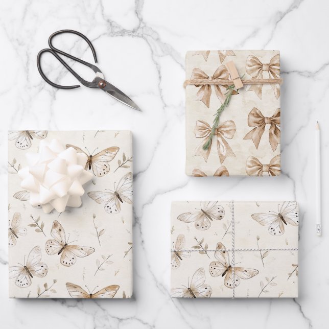 Chic Cream Butterflies Birthday Wrapping Paper Sheets (Front)