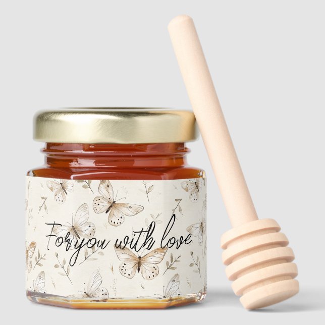 Chic Cream Butterflies Wedding Honey Jar Favors (Front)