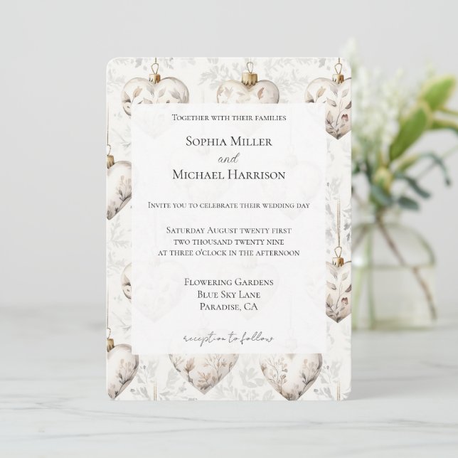 Chic Cream Grey Hearts Ornaments Wedding Invitation (Standing Front)