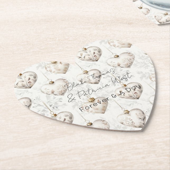Chic Cream Grey Hearts Ornaments Wedding Paper Coaster (Angled)