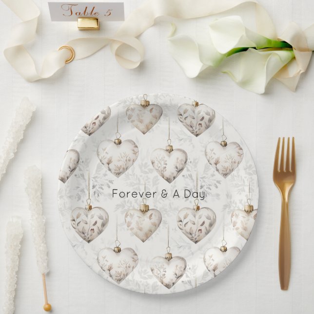 Chic Cream Grey Hearts Ornaments Wedding Paper Plates (Wedding)
