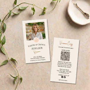 Chic Cream Hair Atelier Stylist Photo Logo QR Business Card