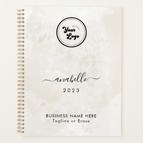 Chic Cream Marble Name Year Custom Business Logo Planner