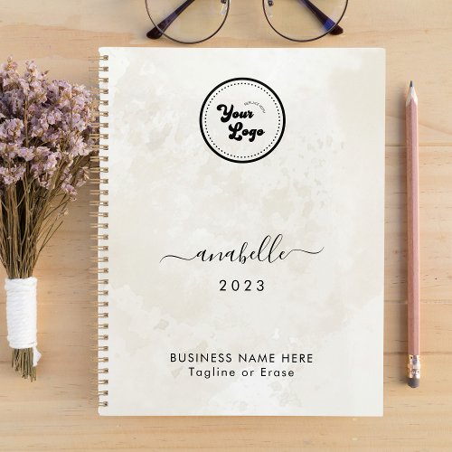 Chic Cream Marble Name Year Custom Business Logo Planner