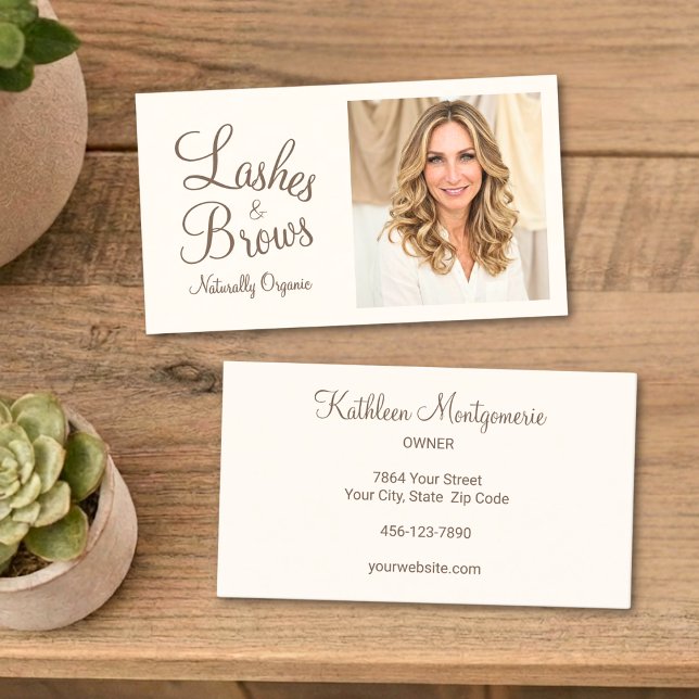 Chic Cream Mocha Script Photo Lashes and Brows Business Card (Creator Uploaded)