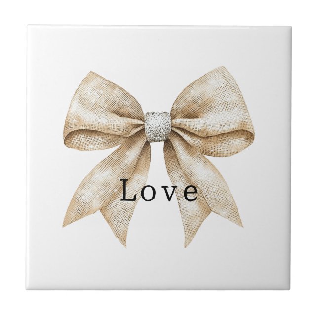 Chic Cream Silver Glam Bow Love Ceramic Tile (Front)