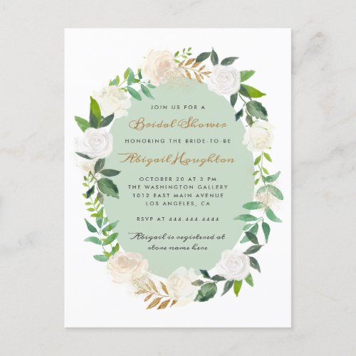 Chic Cream Watercolor Floral Wreath Bridal Shower Invitation Postcard