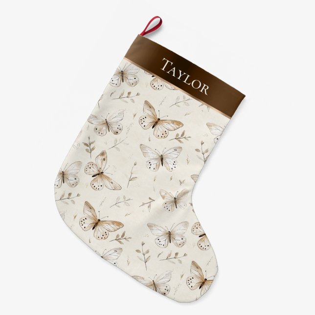 Chic Cream White Brown Butterflies Christmas   Large Christmas Stocking (Front (Hanging))