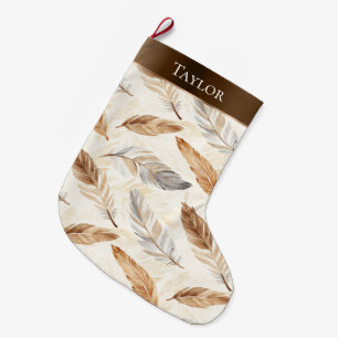 Chic Cream White Brown Feathers Christmas   Large Christmas Stocking