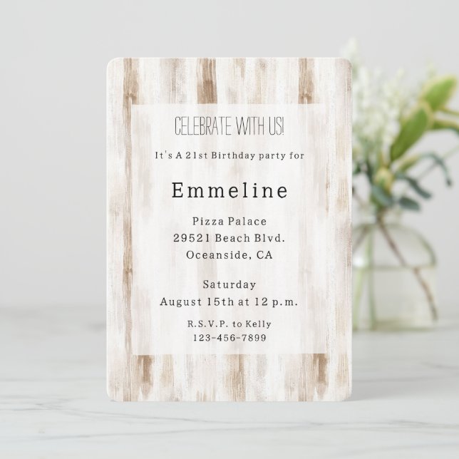 Chic Cream White Brown Stripes Birthday Invitation (Standing Front)