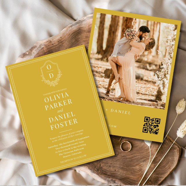 Chic Crest Gold Champagne QR Code Photo Wedding Invitation (Creator Uploaded)