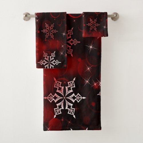 Chic Crimson Red Snowflake Motif Bath Towel Set