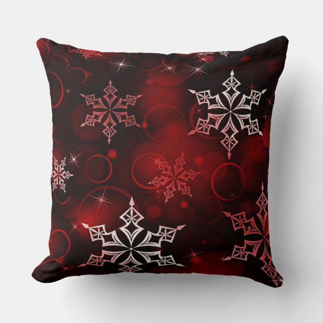 Chic Crimson Red Snowflake Motif Throw Pillow (Front)