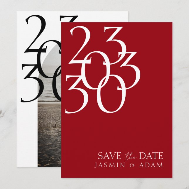 Chic Crimson Red White Minimal Photo Wedding Save The Date (Front/Back)