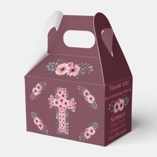 Chic Cross First Holy Communion Girl Pink Flower Favor Boxes