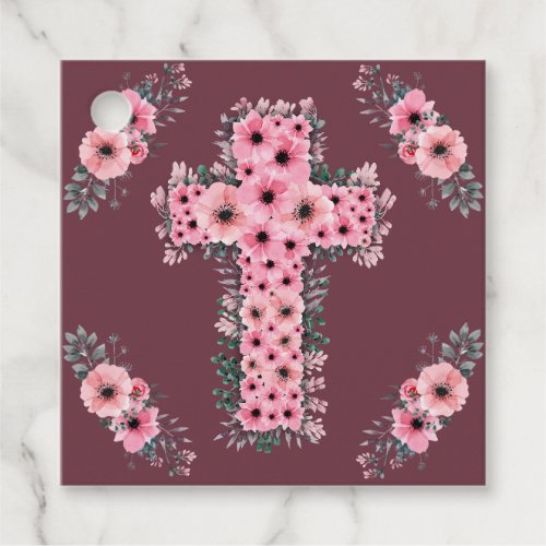 Chic Cross First Holy Communion Girl Pink Flower Favor Tags