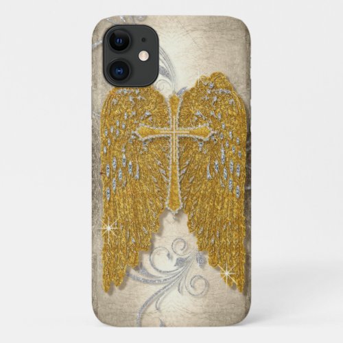 Chic Cross w Glitter Diamond Jewel Angel Wings iPhone 11 Case
