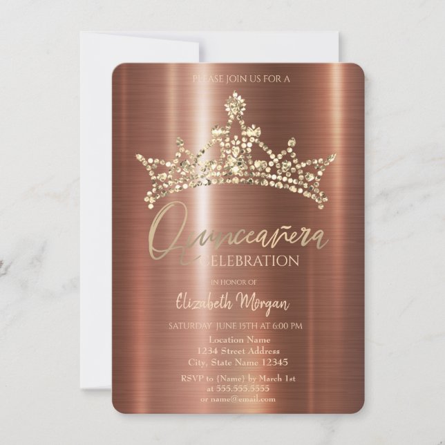 Chic Crown Brown Metallic Quinceañera  Invitation (Front)
