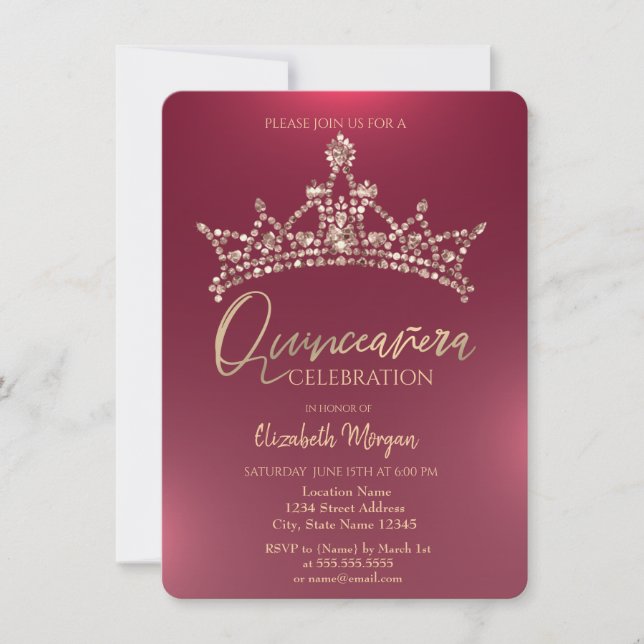 Chic Crown Burgundy Quinceañera  Invitation (Front)