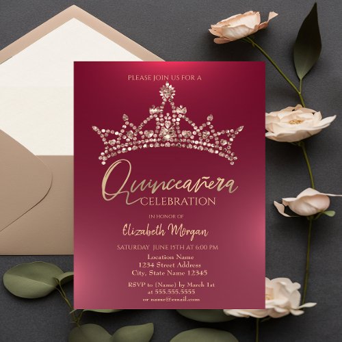 Chic Crown Burgundy Quinceaera  Invitation