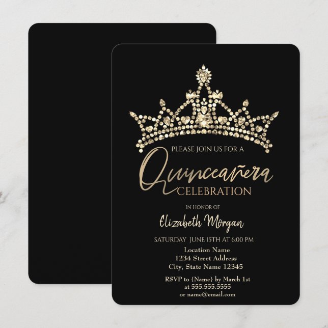 Chic Crown Confetti Black Quinceañera   Invitation (Front/Back)