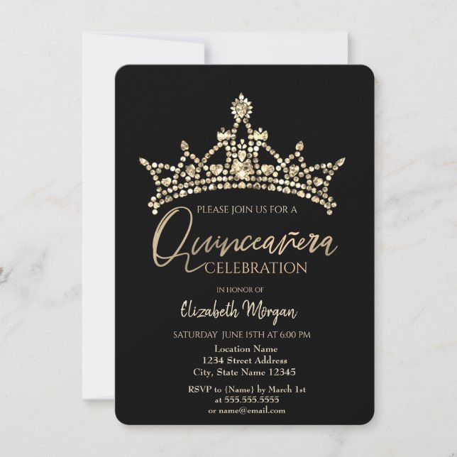 Chic Crown Confetti Black Quinceañera   Invitation (Front)