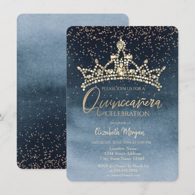Chic Crown Confetti Navy Blue Quinceañera  Invitation (Front/Back)