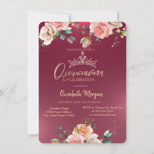 Chic Crown Roses Burgundy Quinceaera  Invitation