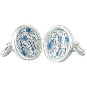 Chic Cufflinks With Blue And Sage Green Floral Art